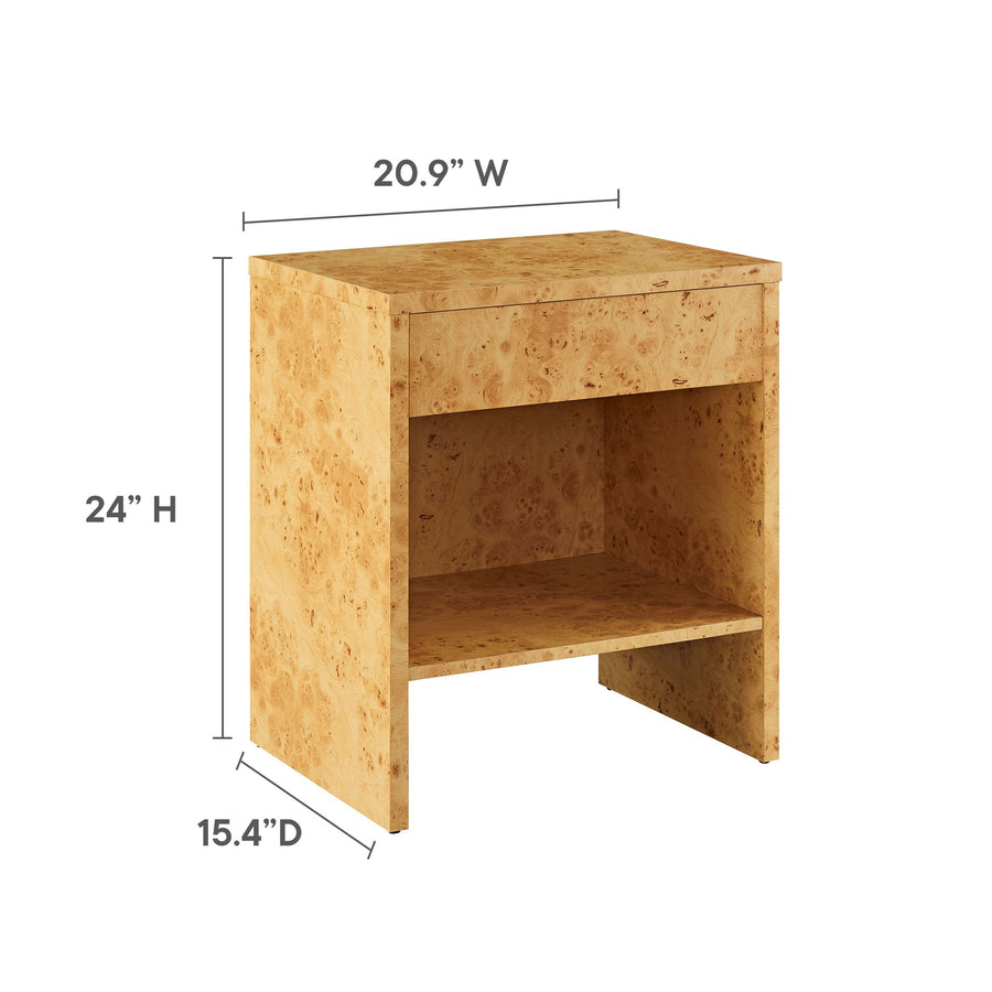 Haven 1-Drawer Burl Wood Nightstand With Shelf in Natural