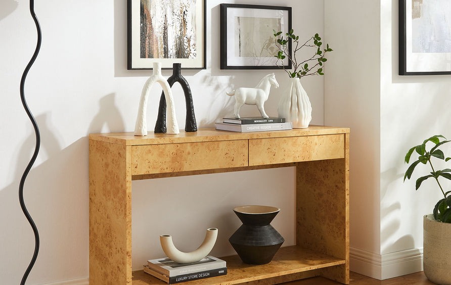 Haven 2-Drawer Burl Wood Console Table in Natural