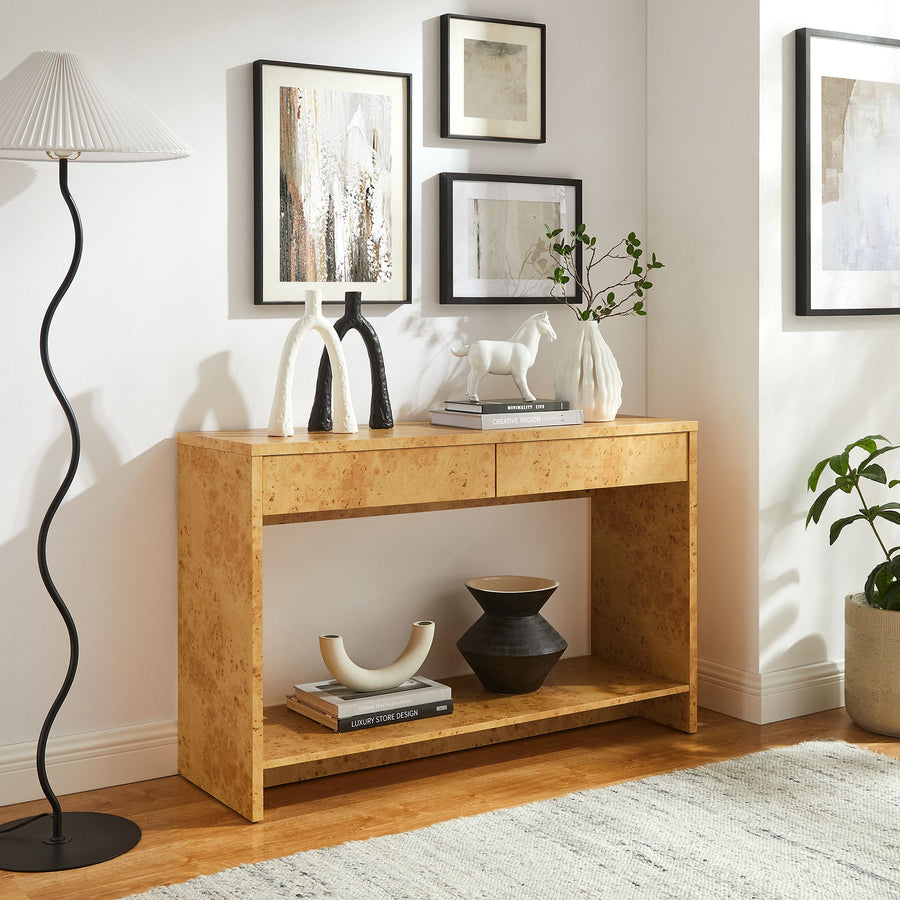 Haven 2-Drawer Burl Wood Console Table in Natural
