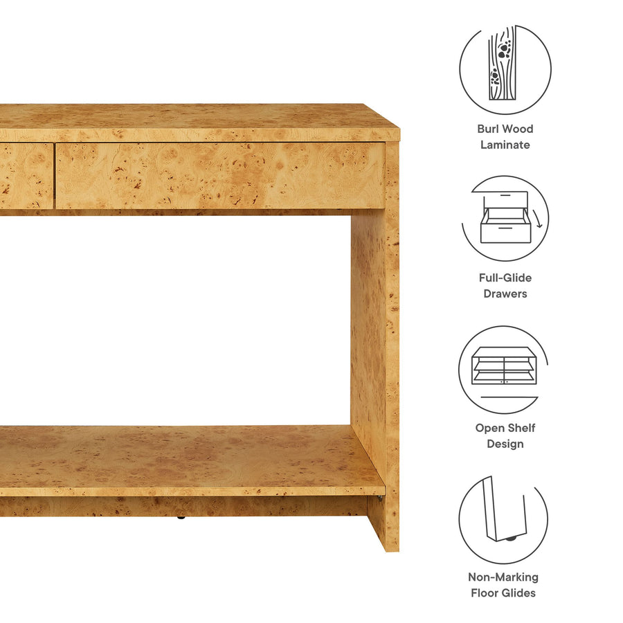 Haven 2-Drawer Burl Wood Console Table in Natural