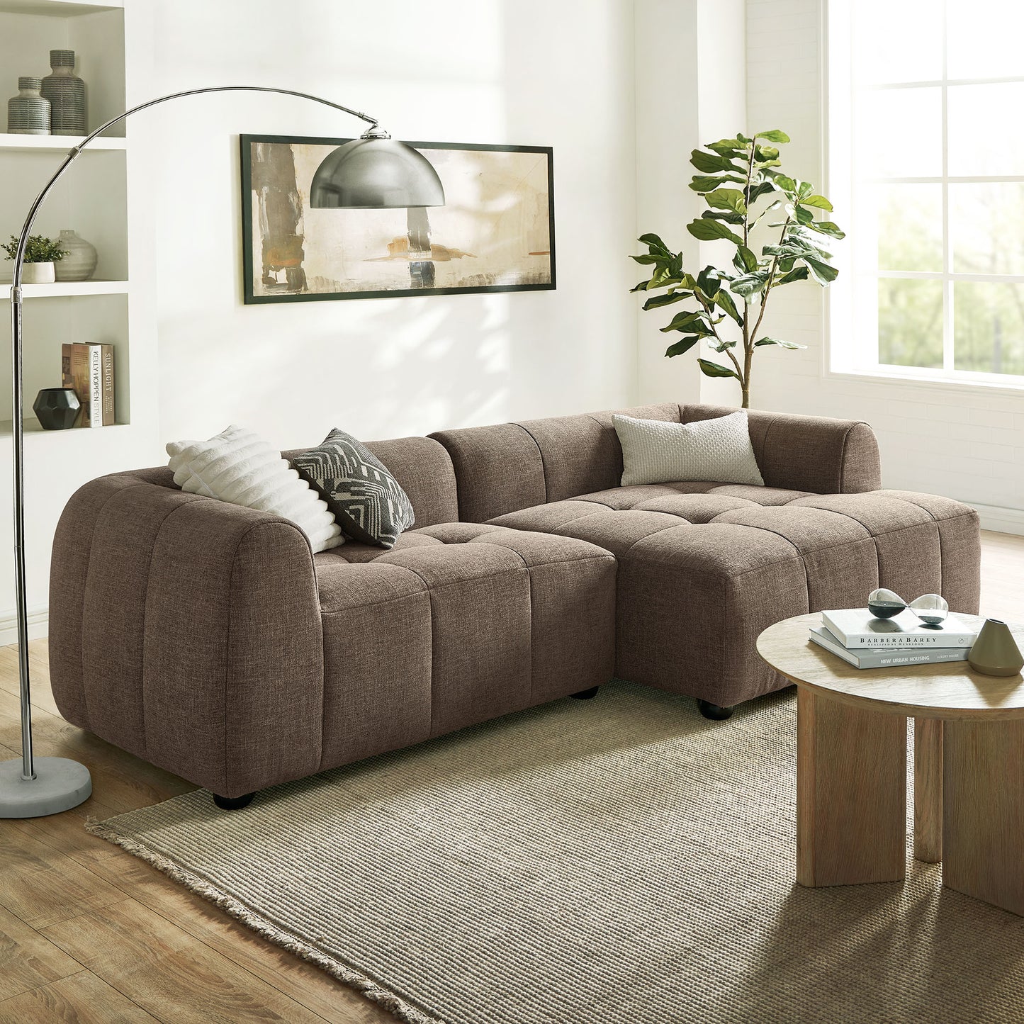 Anvil Right-Facing Upholstered Fabric Modular Sofa with Chaise in Mocha