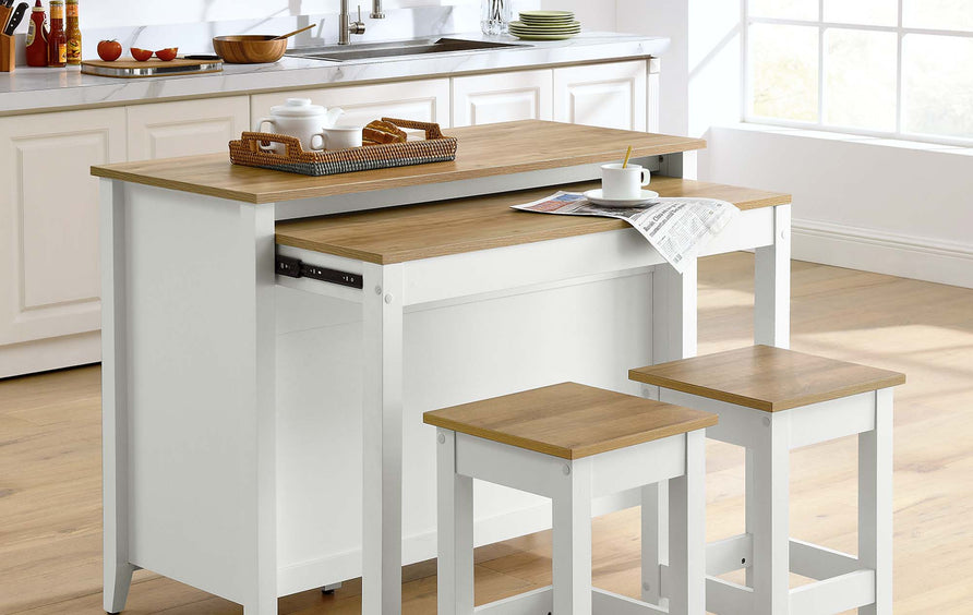 Dexter 3-Piece Kitchen Island and Stool Set in Oak White