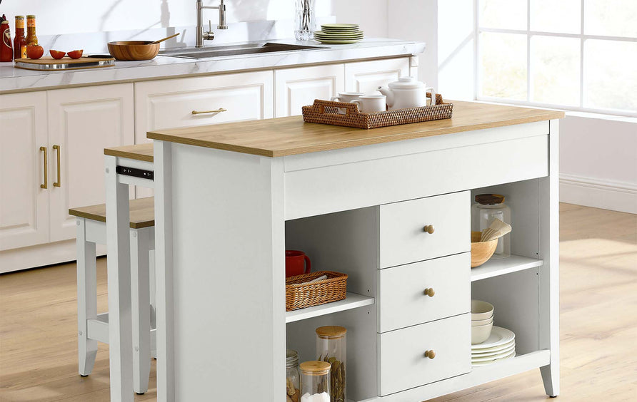 Dexter 3-Piece Kitchen Island and Stool Set in Oak White