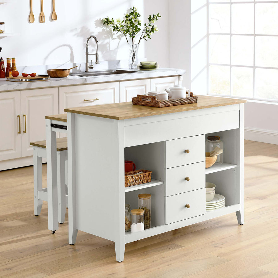 Dexter 3-Piece Kitchen Island and Stool Set in Oak White