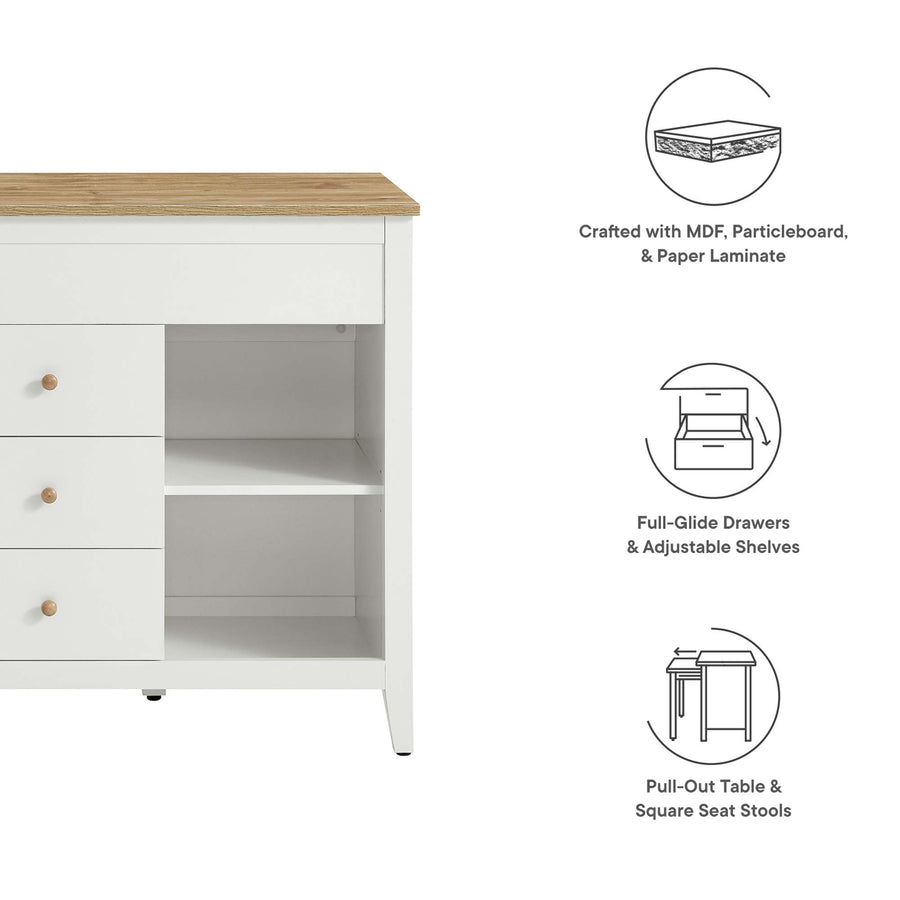 Dexter 3-Piece Kitchen Island and Stool Set in Oak White