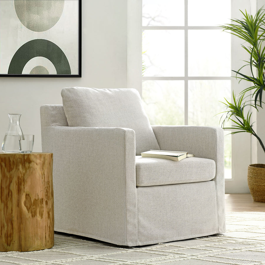Trim Fabric Slipcovered Swivel Armchair in Linen