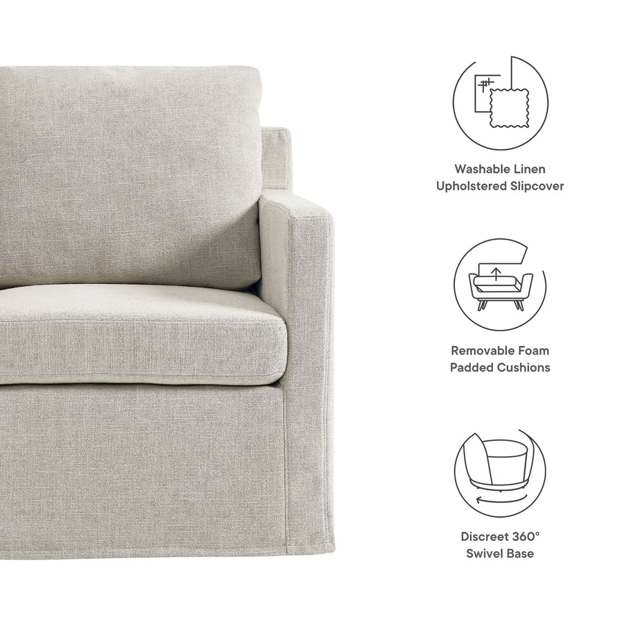Trim Fabric Slipcovered Swivel Armchair in Linen