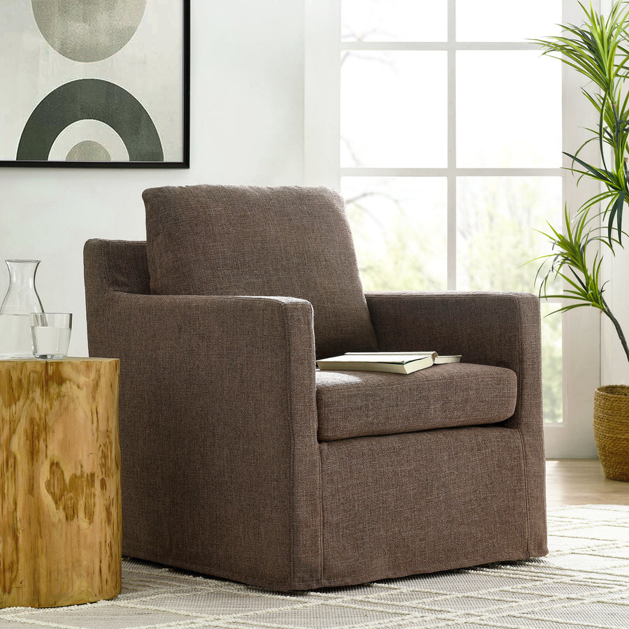 Trim Fabric Slipcovered Swivel Armchair in Mocha