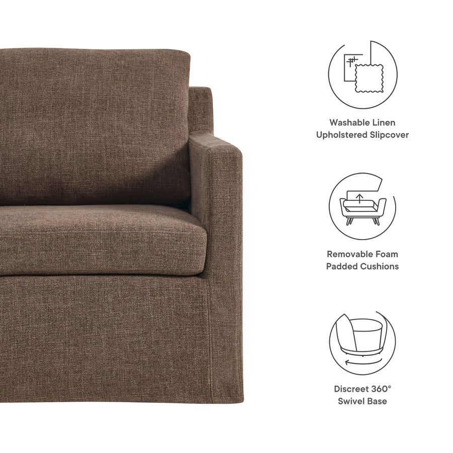 Trim Fabric Slipcovered Swivel Armchair in Mocha