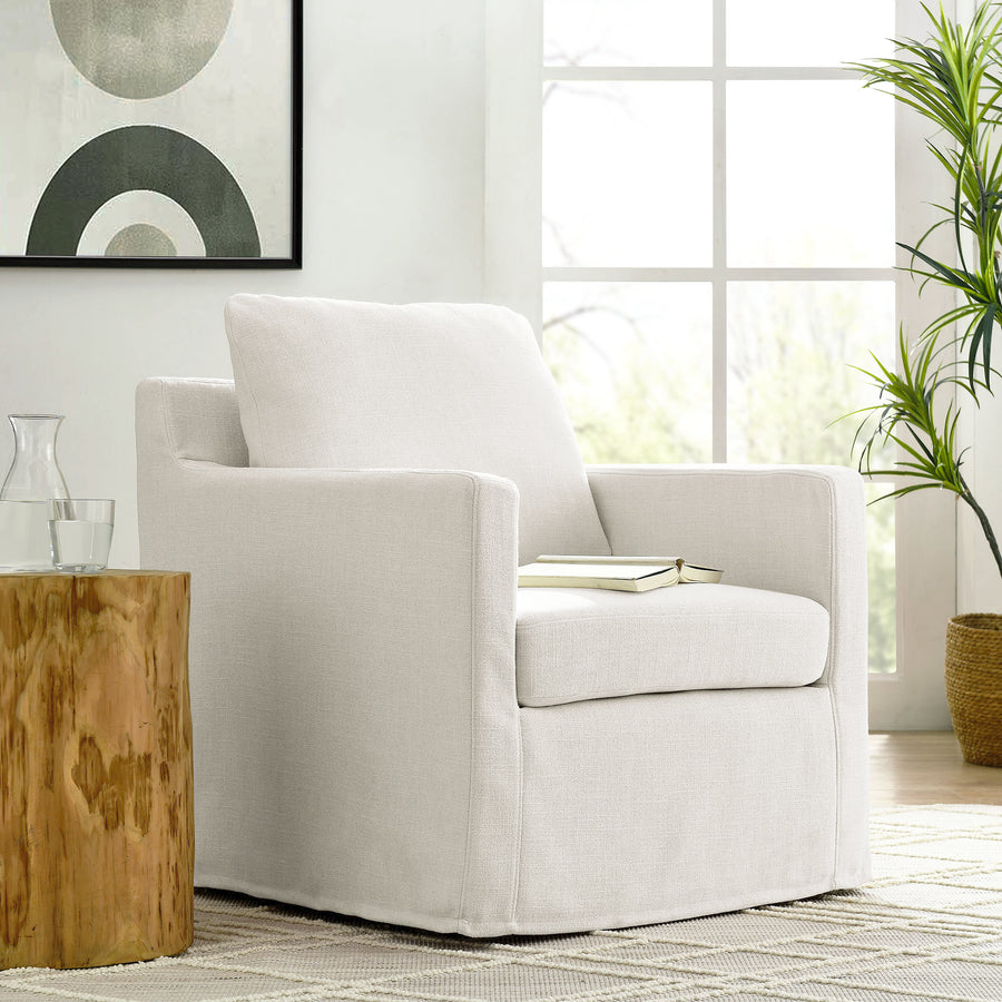 Trim Fabric Slipcovered Swivel Armchair in Salt