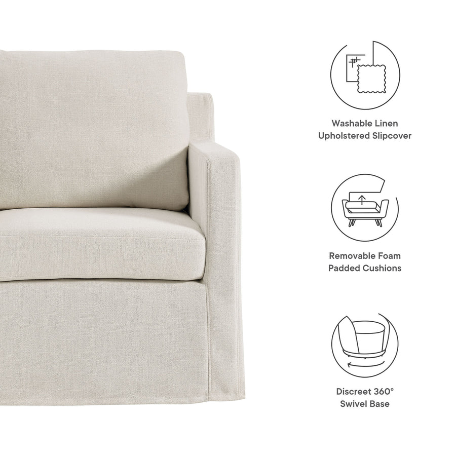 Trim Fabric Slipcovered Swivel Armchair in Salt