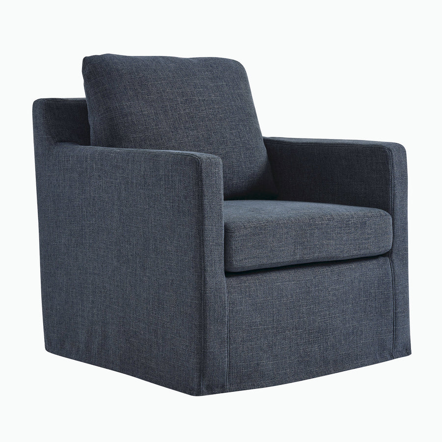 Trim Fabric Slipcovered Swivel Armchair in Slate Blue