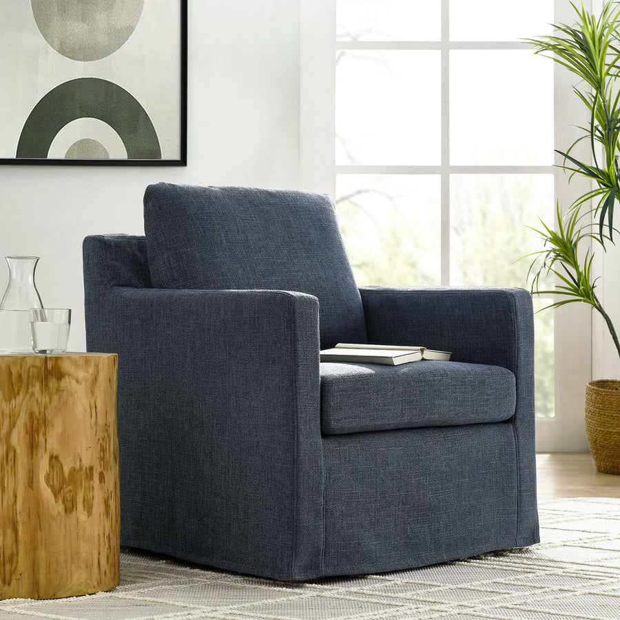 Trim Fabric Slipcovered Swivel Armchair in Slate Blue