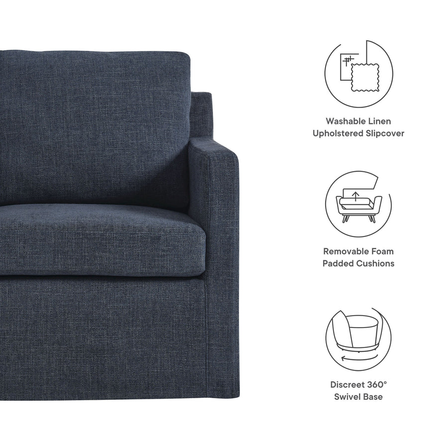 Trim Fabric Slipcovered Swivel Armchair in Slate Blue