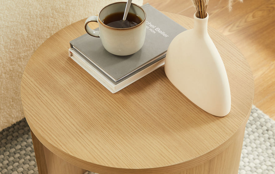 Alcove Round Wood End Table in Oak