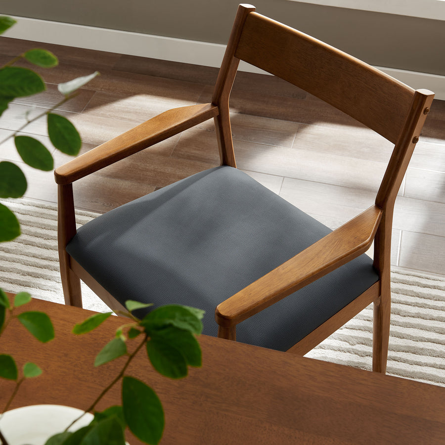 Marble Vegan Leather Wood Dining Armchairs Set of 2 in Walnut Black