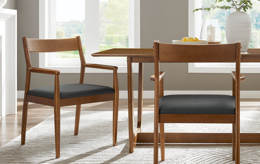 Marble Vegan Leather Wood Dining Armchairs Set of 2 in Walnut Black