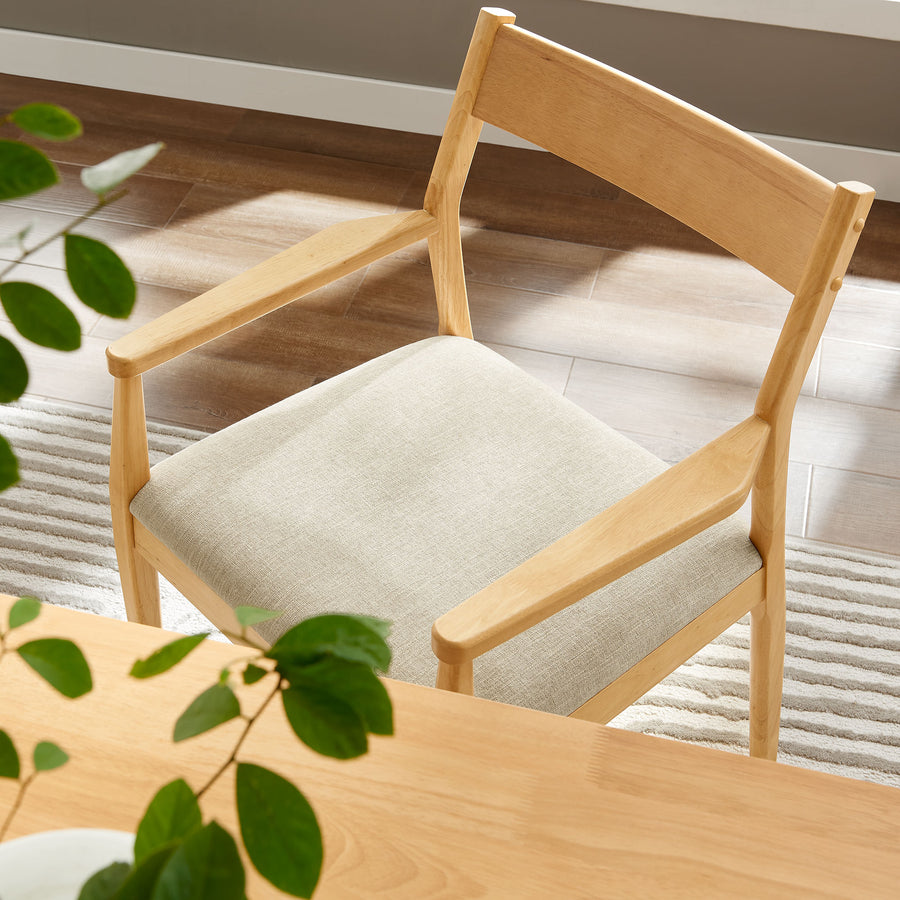 Marble Fabric Wood Dining Armchairs Set of 2 in Natural Heathered Weave Beige