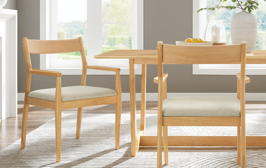 Marble Fabric Wood Dining Armchairs Set of 2 in Natural Heathered Weave Beige