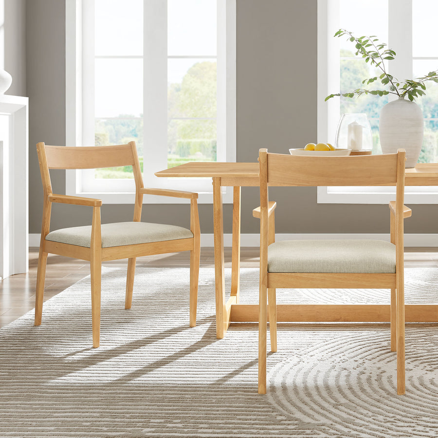 Marble Fabric Wood Dining Armchairs Set of 2 in Natural Heathered Weave Beige