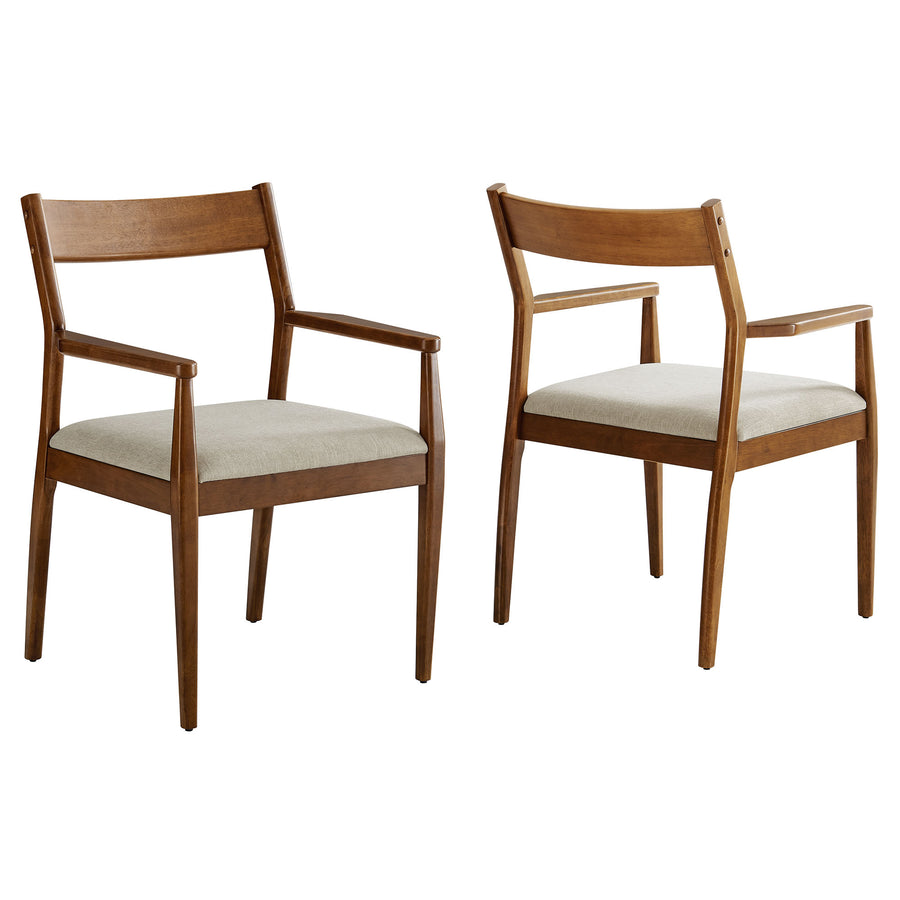 Marble Fabric Wood Dining Armchairs Set of 2 in Walnut Heathered Weave Beige