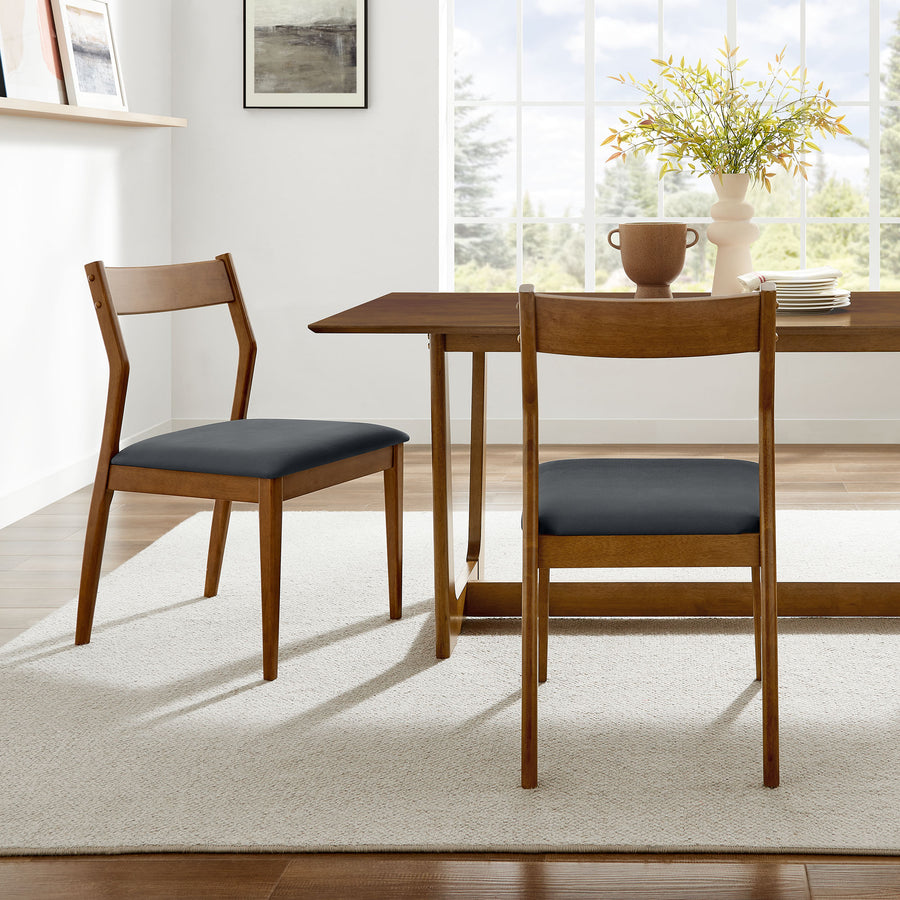 Marble Vegan Leather Wood Dining Side Chairs Set of 2 in Walnut Black