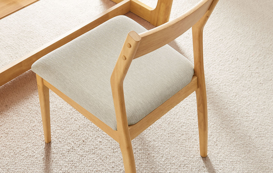 Marble Fabric Wood Dining Side Chairs Set of 2 in Natural Heathered Weave Beige