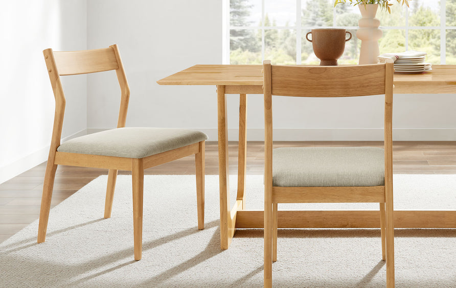 Marble Fabric Wood Dining Side Chairs Set of 2 in Natural Heathered Weave Beige