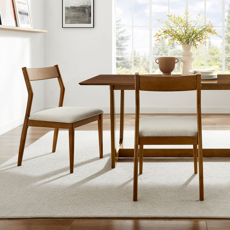 Marble Fabric Wood Dining Side Chairs Set of 2 in Walnut Heathered Weave Beige