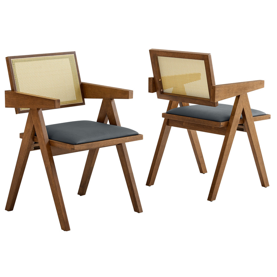 Verdejo Vegan Leather Cane Dining Armchairs Set of 2 in Walnut Black