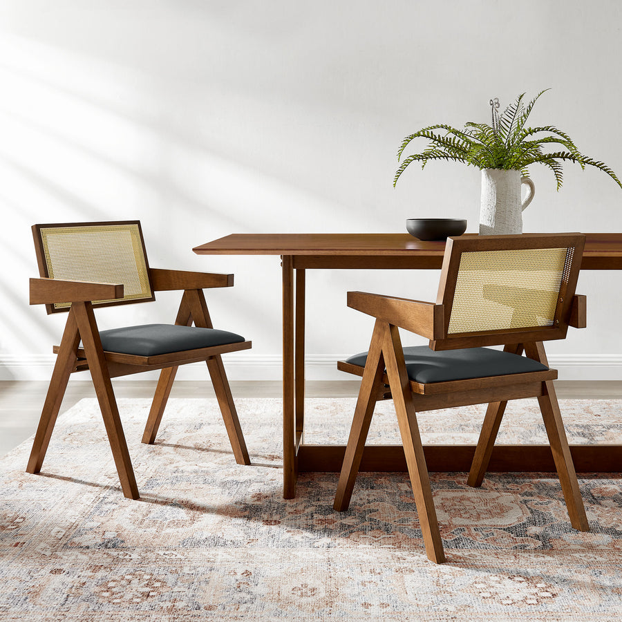 Verdejo Vegan Leather Cane Dining Armchairs Set of 2 in Walnut Black