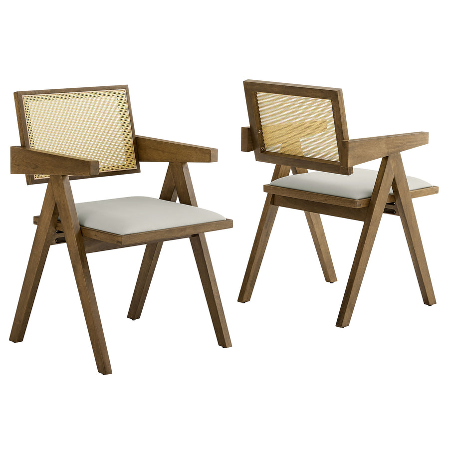 Verdejo Vegan Leather Cane Dining Armchairs Set of 2 in Weathered Oak Stone