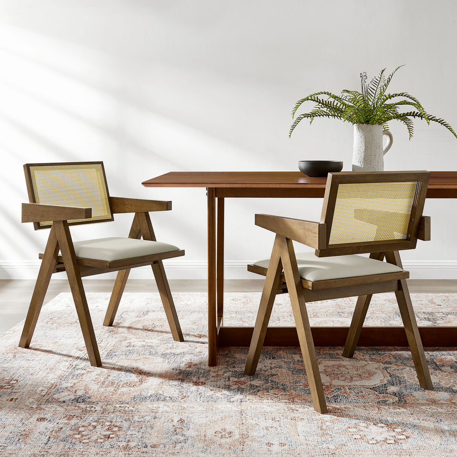 Verdejo Vegan Leather Cane Dining Armchairs Set of 2 in Weathered Oak Stone