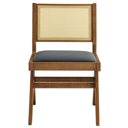 Thera Vegan Leather and Cane Dining Side Chairs Set of 2 in Walnut Black