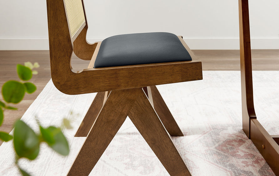 Verdejo Vegan Leather and Cane Dining Side Chairs Set of 2 in Walnut Black