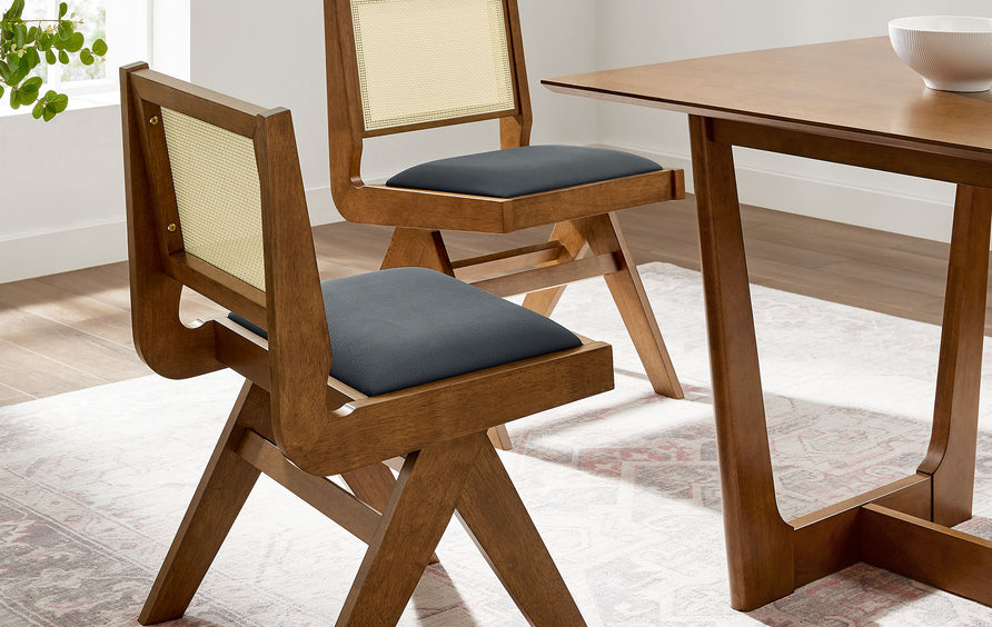 Verdejo Vegan Leather and Cane Dining Side Chairs Set of 2 in Walnut Black