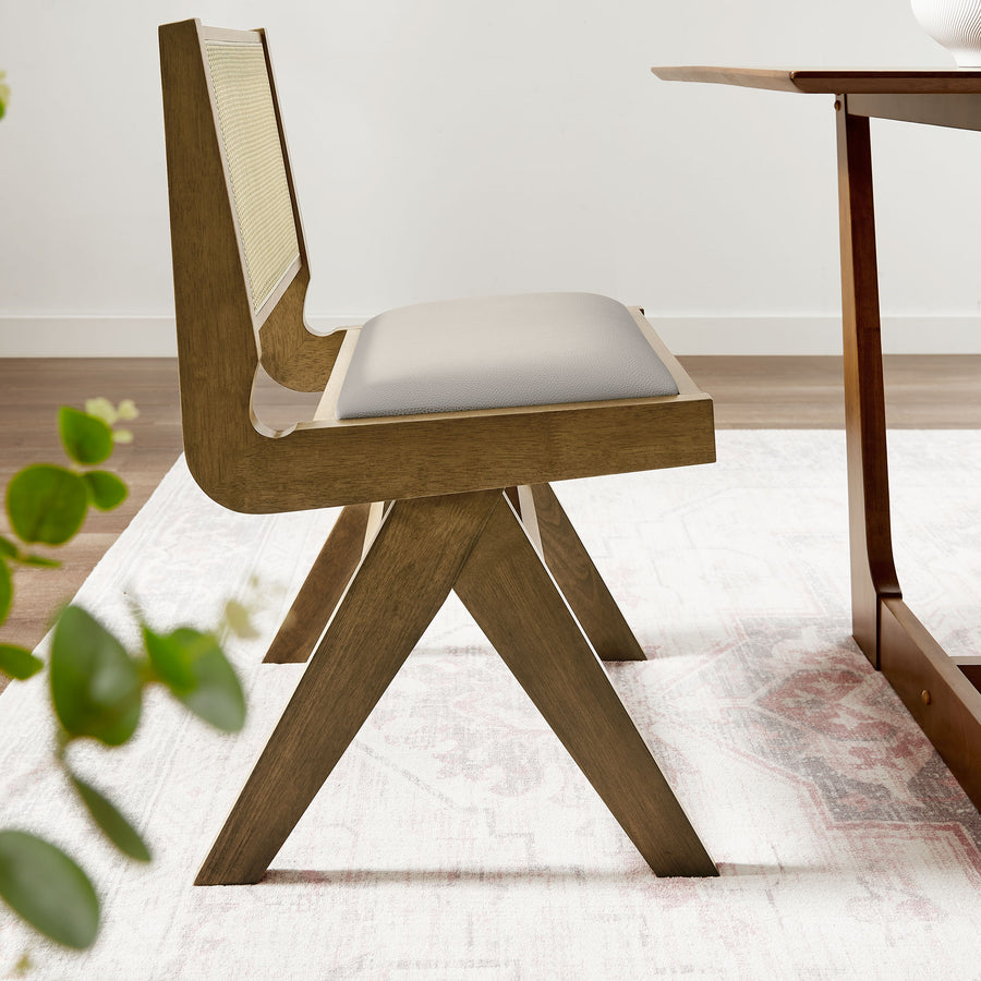 Verdejo Vegan Leather and Cane Dining Side Chairs Set of 2 in Weathered Oak Stone