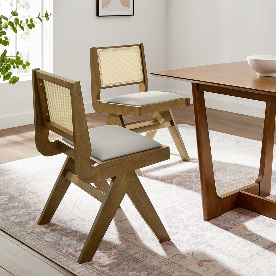 Verdejo Vegan Leather and Cane Dining Side Chairs Set of 2 in Weathered Oak Stone