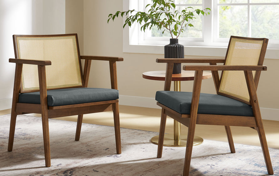 Verdejo Vegan Leather and Cane Accent Armchairs Set of 2 in Walnut Black