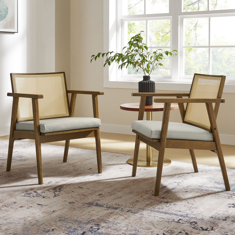 Verdejo Vegan Leather and Cane Accent Armchairs Set of 2 in Weathered Oak Stone