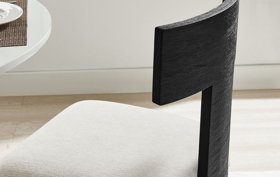 Olden Wood and Fabric Upholstered Dining Chairs Set of 2 in Black Heathered Weave Ivory