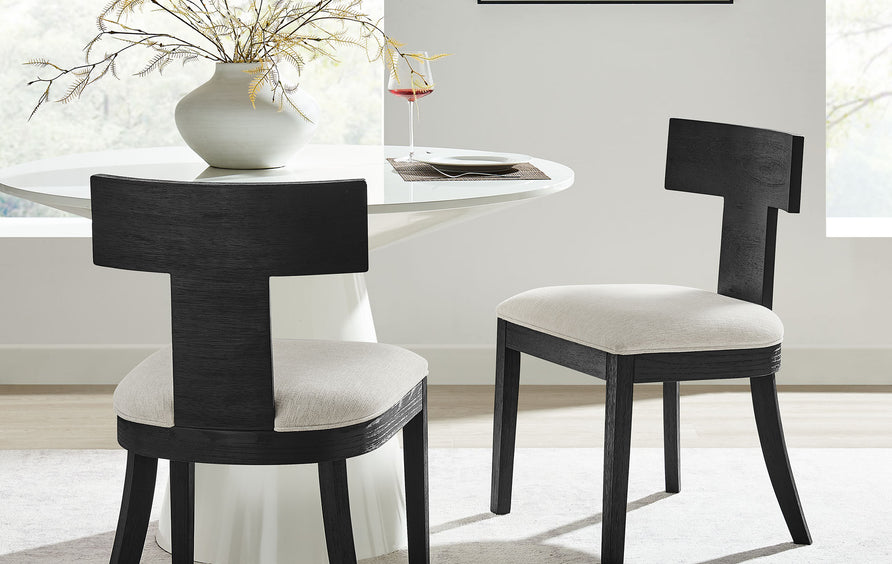 Olden Wood and Fabric Upholstered Dining Chairs Set of 2 in Black Heathered Weave Ivory