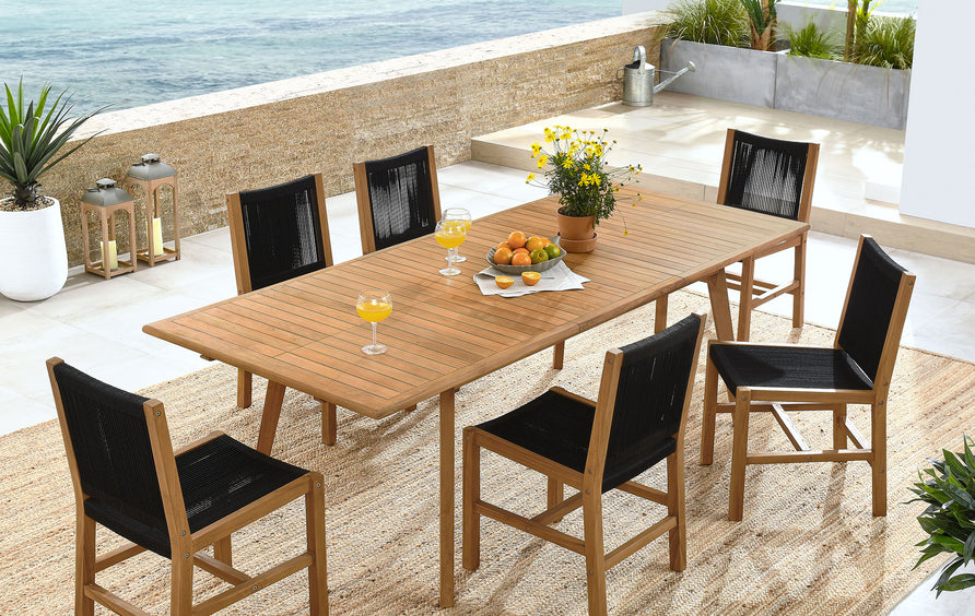 Nova 7-Piece Outdoor Patio Teak and Rope Dining Set with Armless Chairs in Natural Black