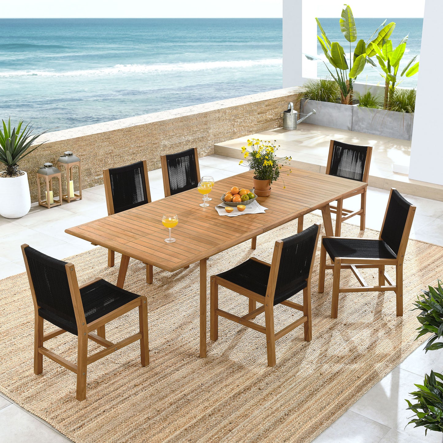 Vienna 7-Piece Outdoor Patio Teak and Rope Dining Set with Armless Chairs by Furniture For America