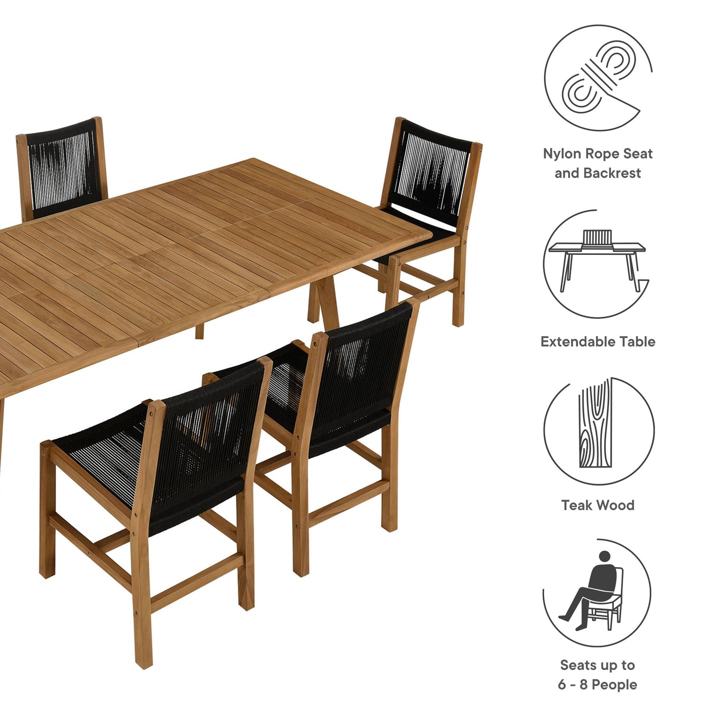 Vienna 7-Piece Outdoor Patio Teak and Rope Dining Set with Armless Chairs by Furniture For America