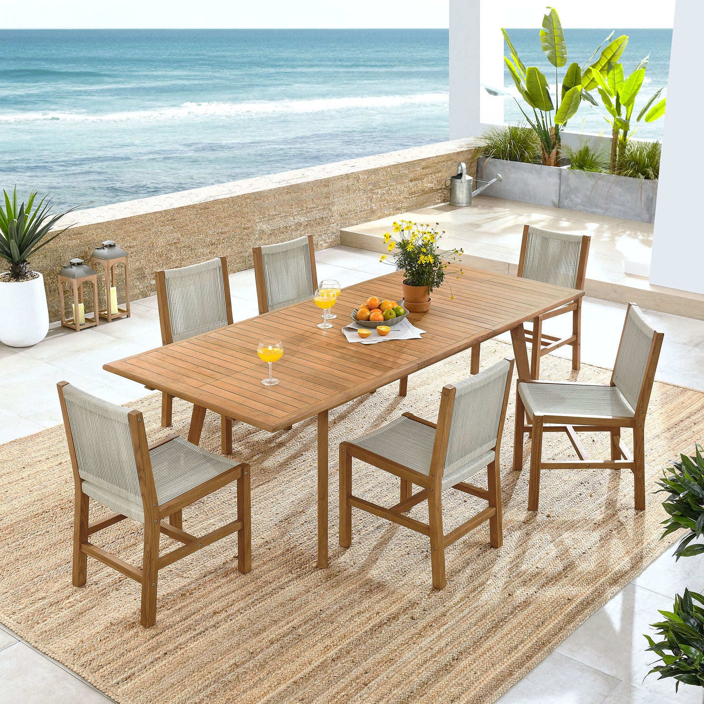 Vienna 7-Piece Outdoor Patio Teak and Rope Dining Set with Armless Chairs by Furniture For America