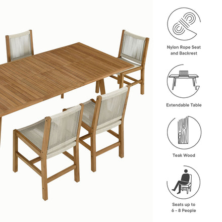 Vienna 7-Piece Outdoor Patio Teak and Rope Dining Set with Armless Chairs in Natural Natural