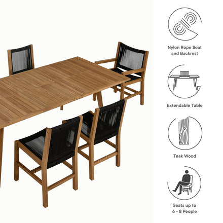 Vienna 7-Piece Outdoor Patio Teak and Rope Dining Set in Natural Black
