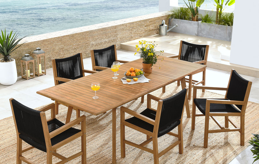 Nova 7-Piece Outdoor Patio Teak and Rope Dining Set with Armchairs in Natural Black