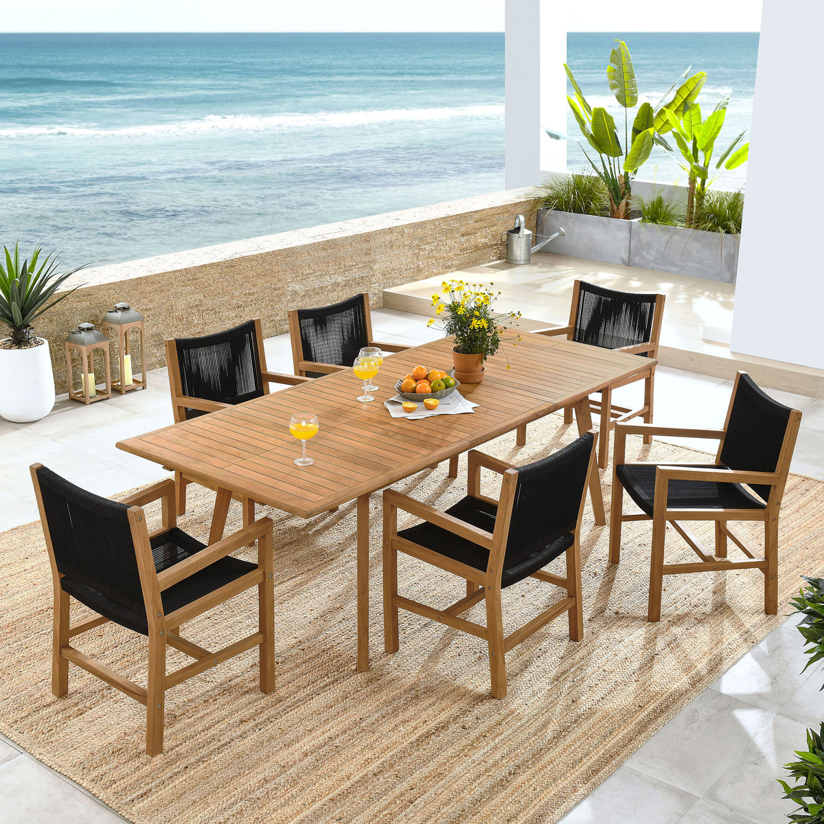 Vienna 7-Piece Outdoor Patio Teak and Rope Dining Set with Armchairs in Natural Black